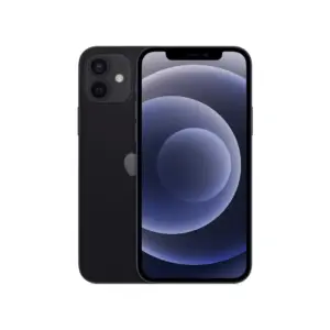 Black iPhone shown front and back, with the screen displaying a blue circular wallpaper.