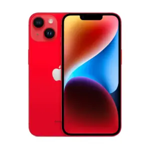 Red iPhone shown front and back, with a colorful display and dual rear cameras.