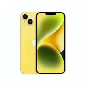 Yellow iPhone shown front and back, with dual rear cameras and a green and yellow abstract wallpaper on the display.