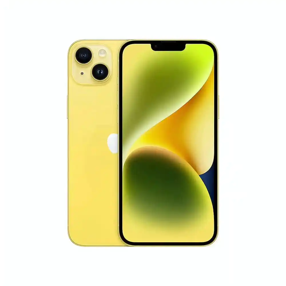 Yellow iPhone shown front and back, with dual rear cameras and a green and yellow abstract wallpaper on the display.