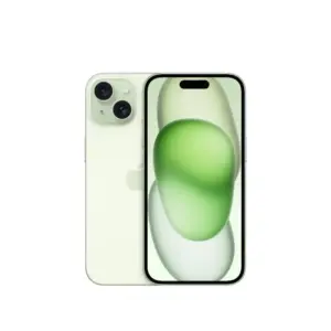 Front and back view of a light green iPhone with dual rear cameras and a green abstract wallpaper on the screen