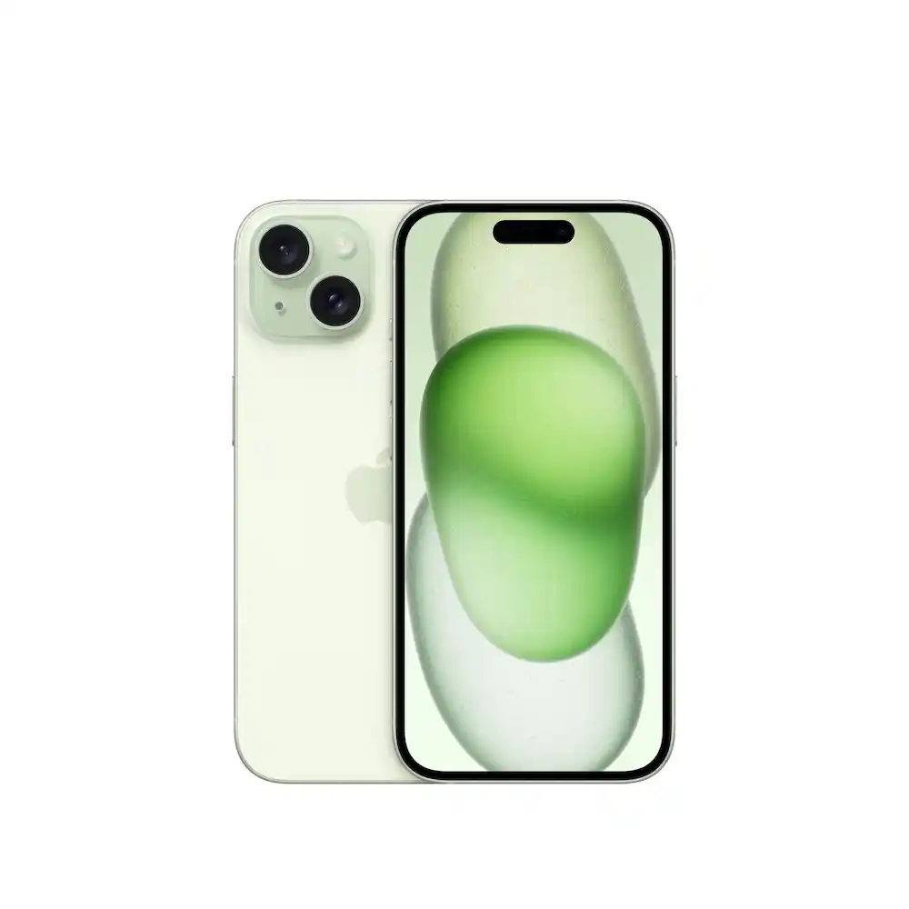 Front and back view of a light green iPhone with dual rear cameras and a green abstract wallpaper on the screen