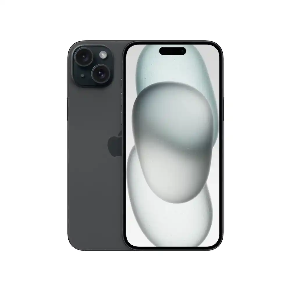 A black iPhone shown front and back, with a dual-camera module and a light abstract wallpaper on the screen.