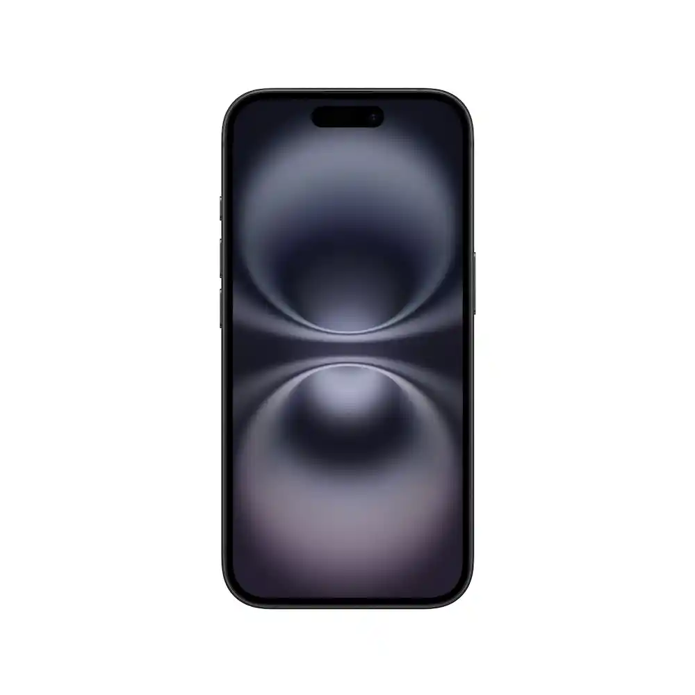 Front view of a black smartphone with a dark abstract wallpaper on a white background.