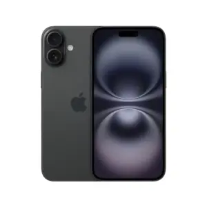Dark iPhone shown front and back, with dual rear cameras and a glowing abstract wallpaper on the screen.