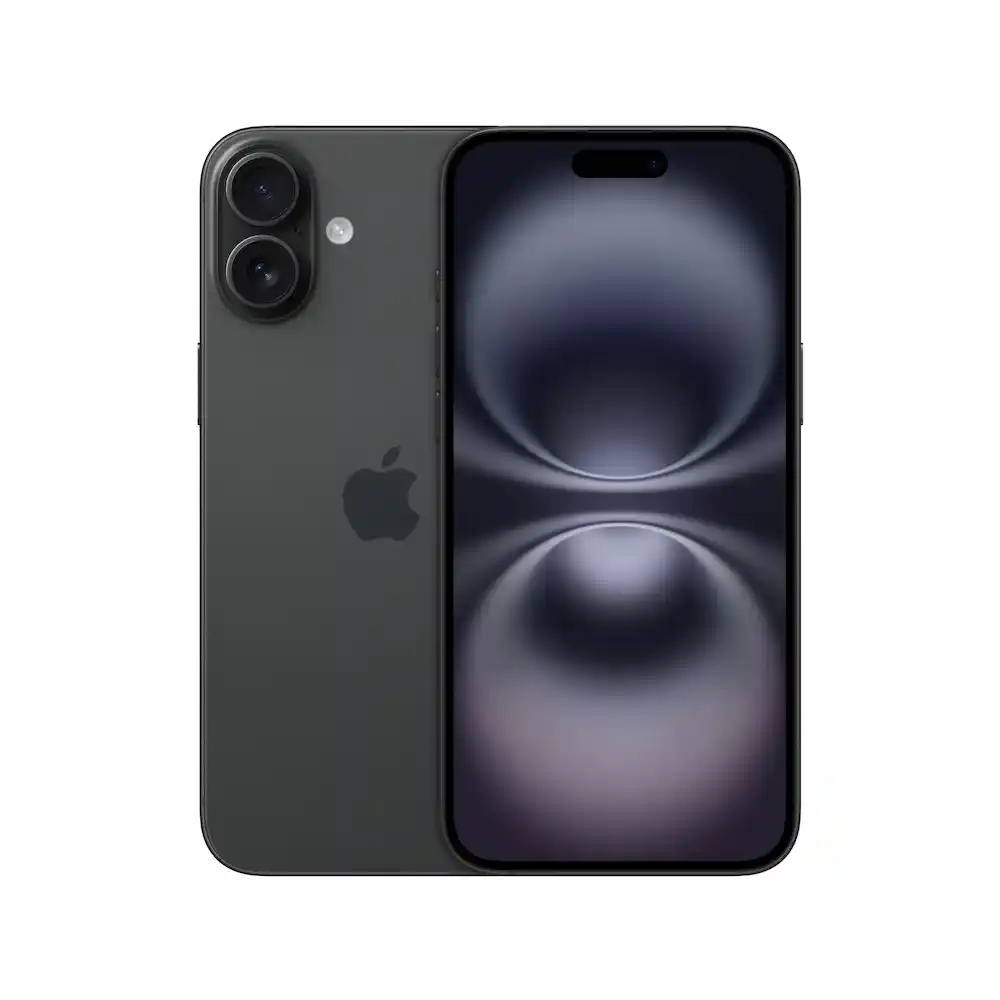 Dark iPhone shown front and back, with dual rear cameras and a glowing abstract wallpaper on the screen.