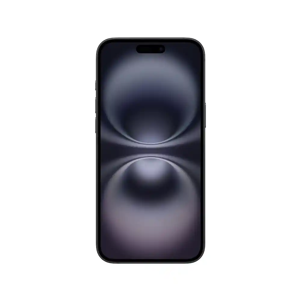 Front view of a black smartphone with a dark abstract wallpaper on a white background