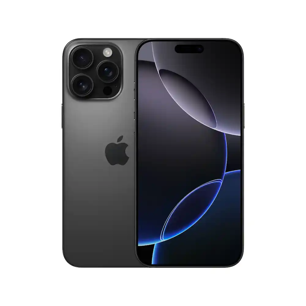 Two views of a dark gray iPhone with triple rear cameras, shown front and back on a white background.