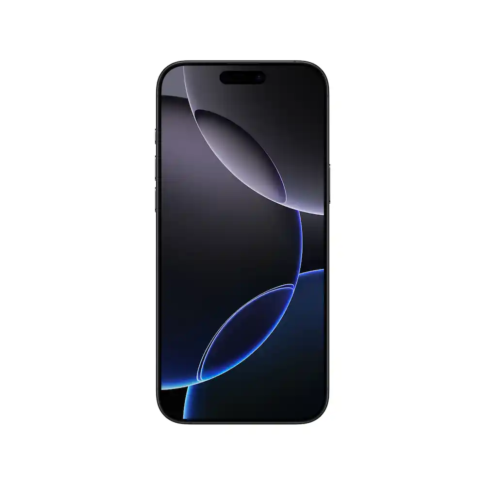 Black smartphone shown front-on with a dark abstract wallpaper and pill-shaped cutout at the top