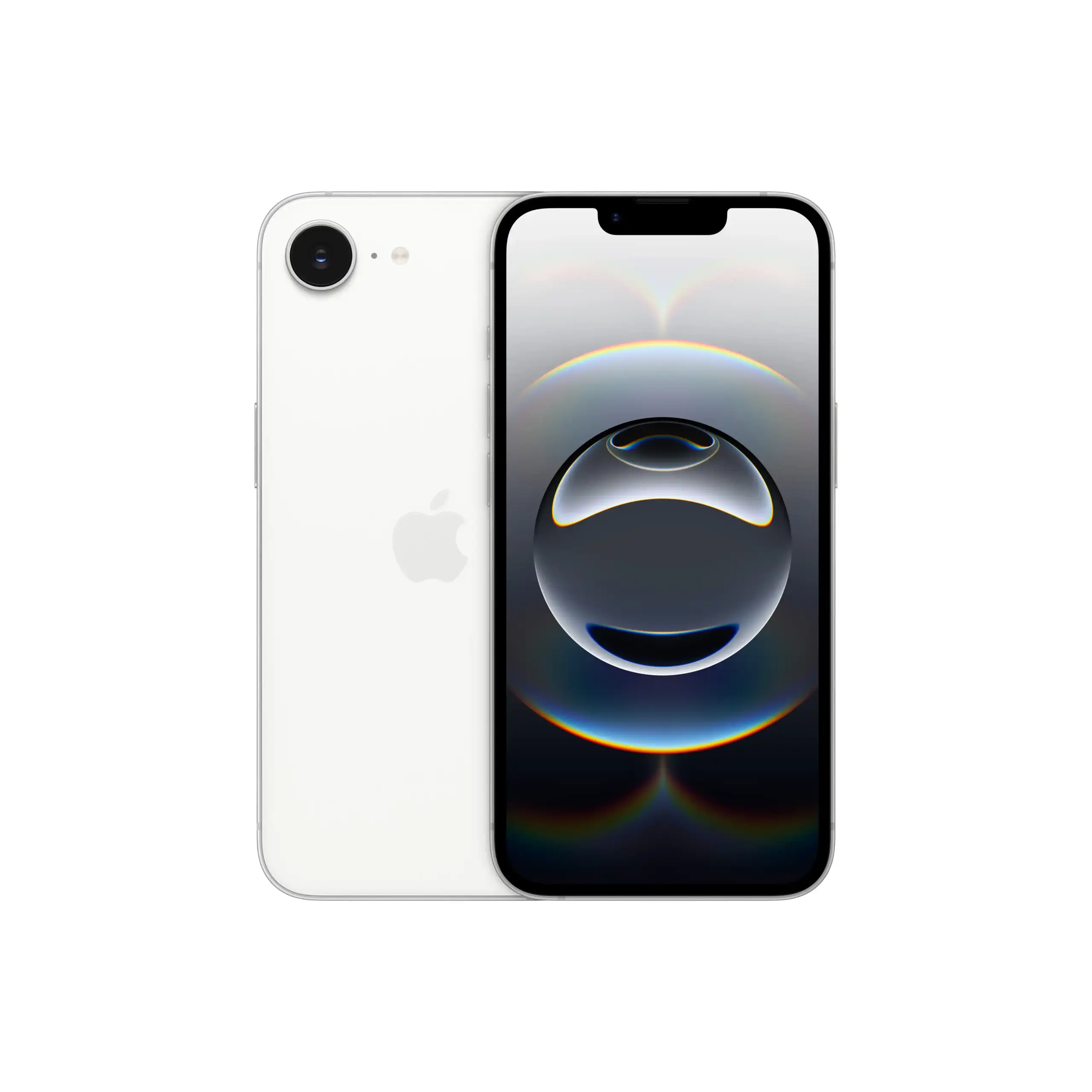 White iPhone shown front and back, with a single rear camera and a dark abstract wallpaper on the screen.