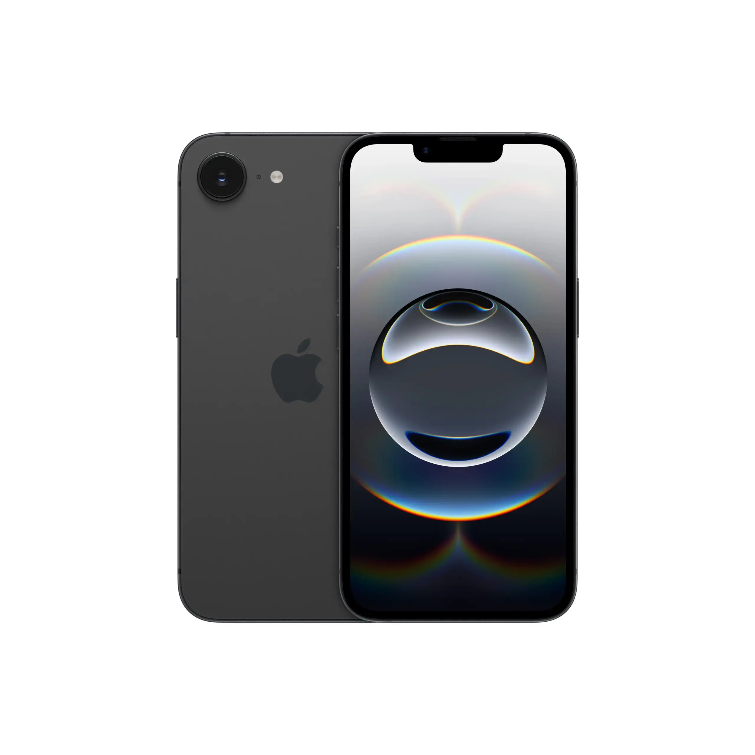 Black iPhone shown front and back, with a single rear camera and a screen displaying a dark abstract wallpaper.