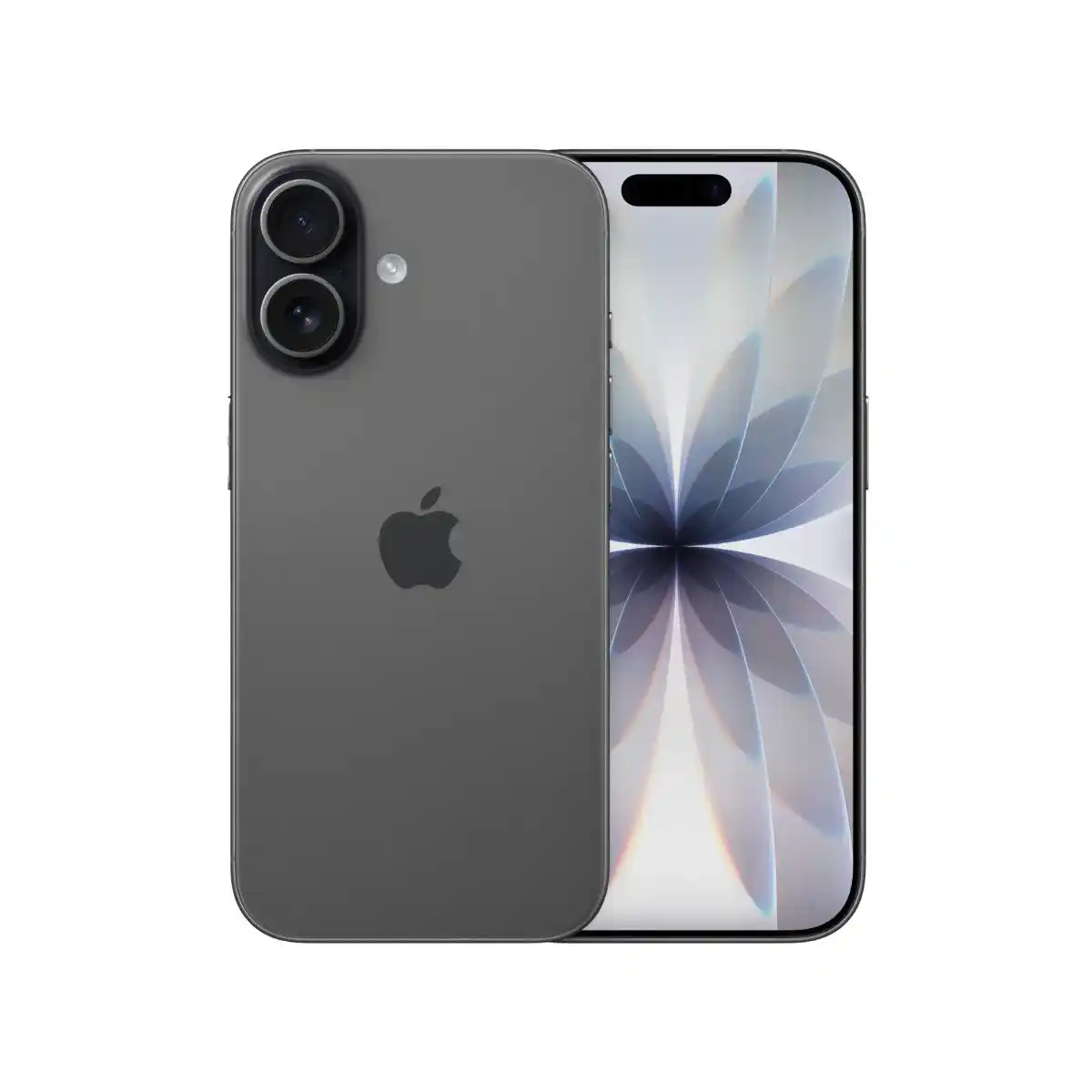 Two gray smartphones shown front and back, with dual rear cameras and a centered front cutout display.