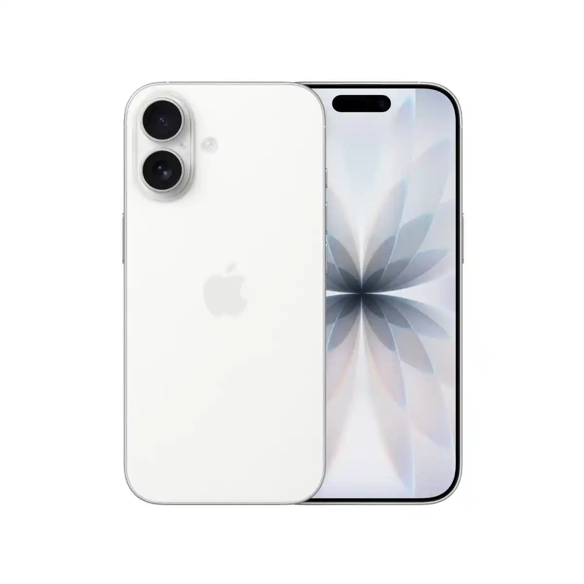 White iPhone shown front and back, with dual rear cameras and a floral-style wallpaper on the display.