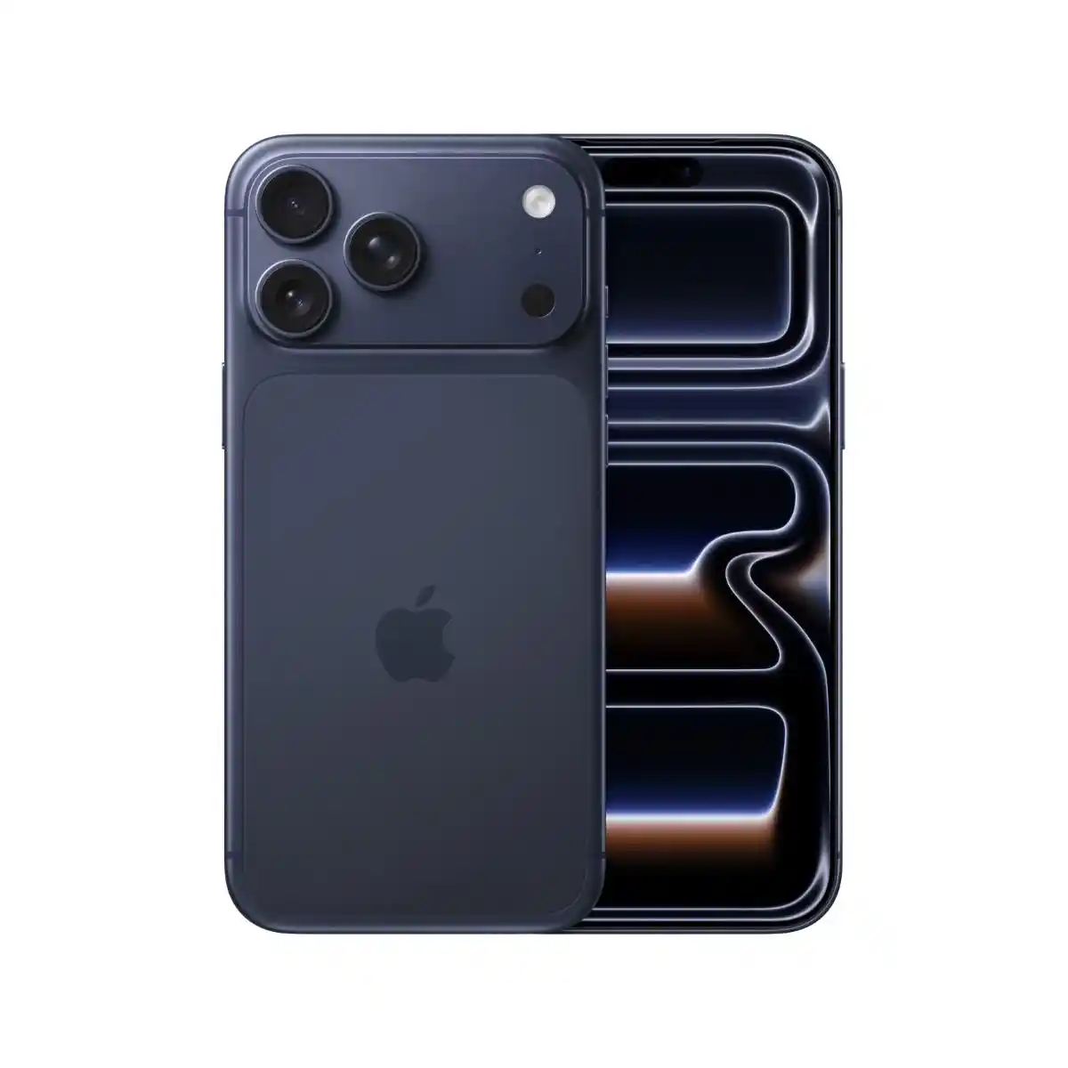 Two dark-colored smartphones shown front and back, with the rear phone overlapping the front display.
