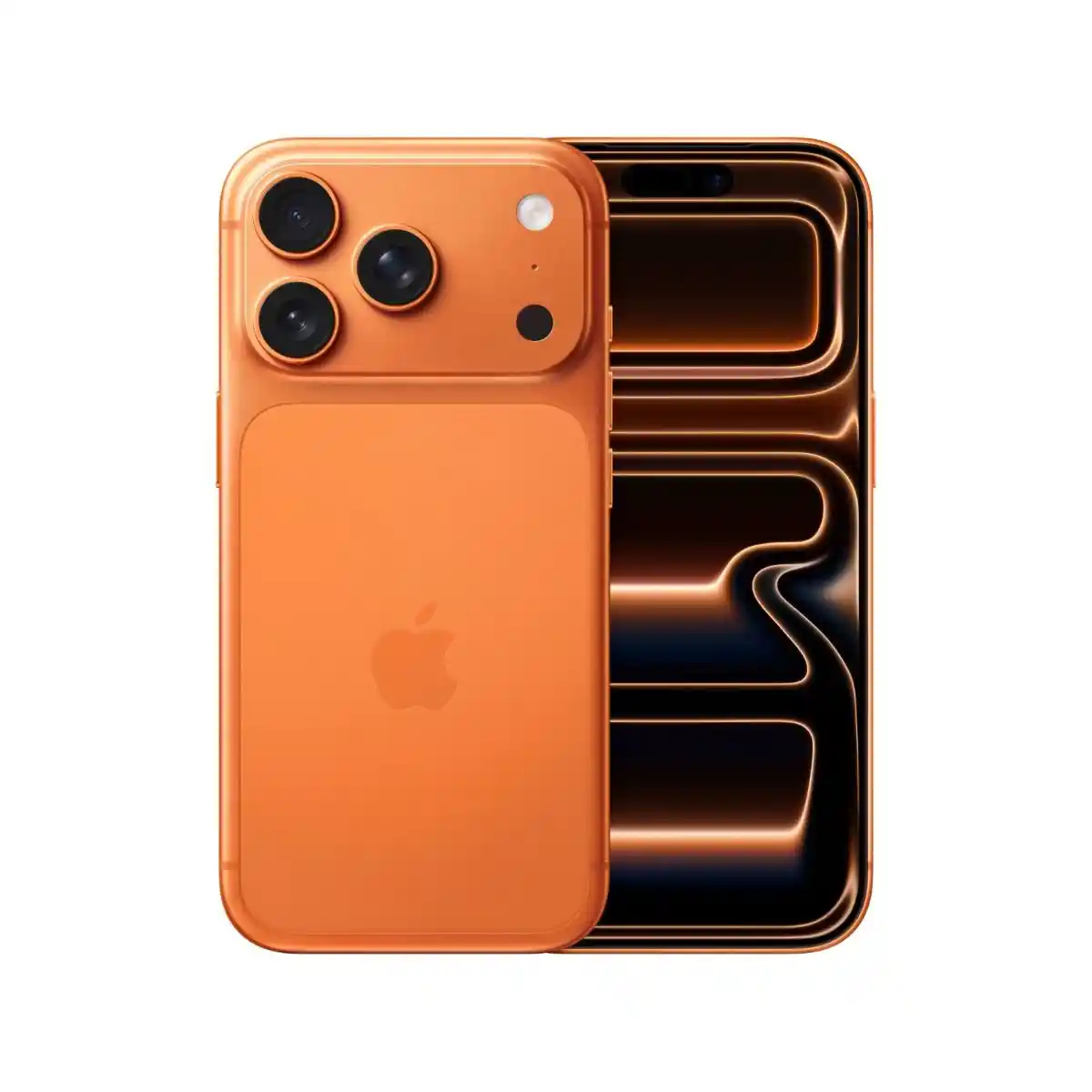 Orange iPhone shown front and back, with three rear cameras and a dark abstract wallpaper on the display.