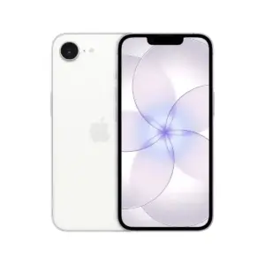 White smartphone shown front and back, with a single rear camera and a light purple abstract wallpaper on the screen.