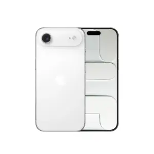 Two white smartphones shown front and back, with a single rear camera and a patterned screen.