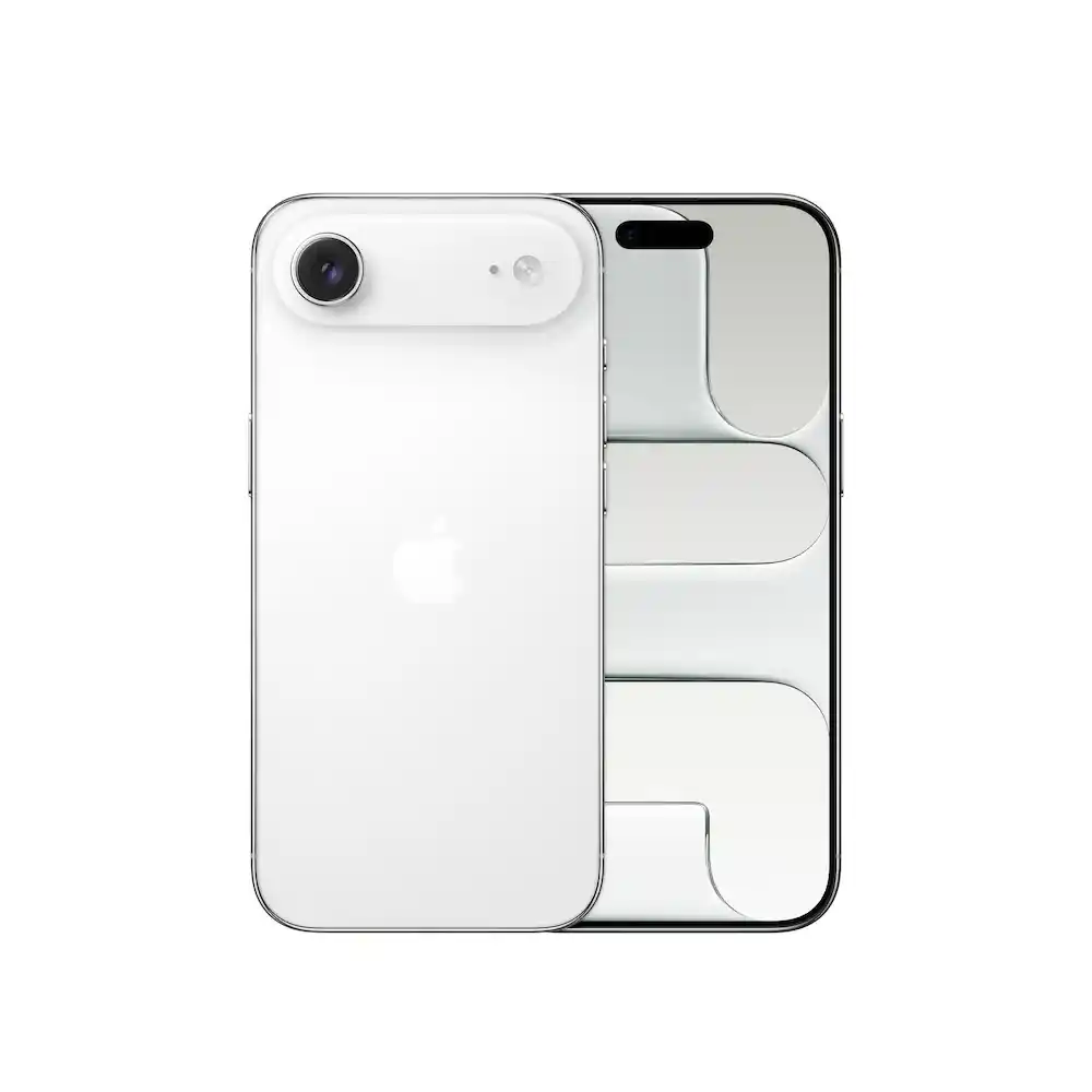 Two white smartphones shown front and back, with a single rear camera and a patterned screen.