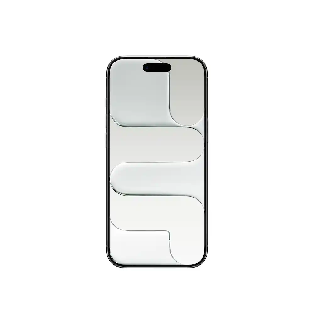 Front view of a silver smartphone with a pill-shaped camera cutout at the top and a light abstract wallpaper on a white background.